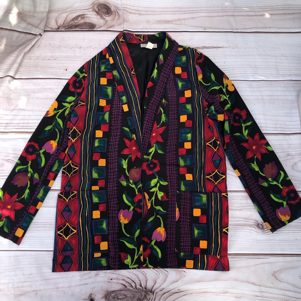 Vintage Floral Geometrical Multicolor One Button Oversized Womens Blazer S/M
